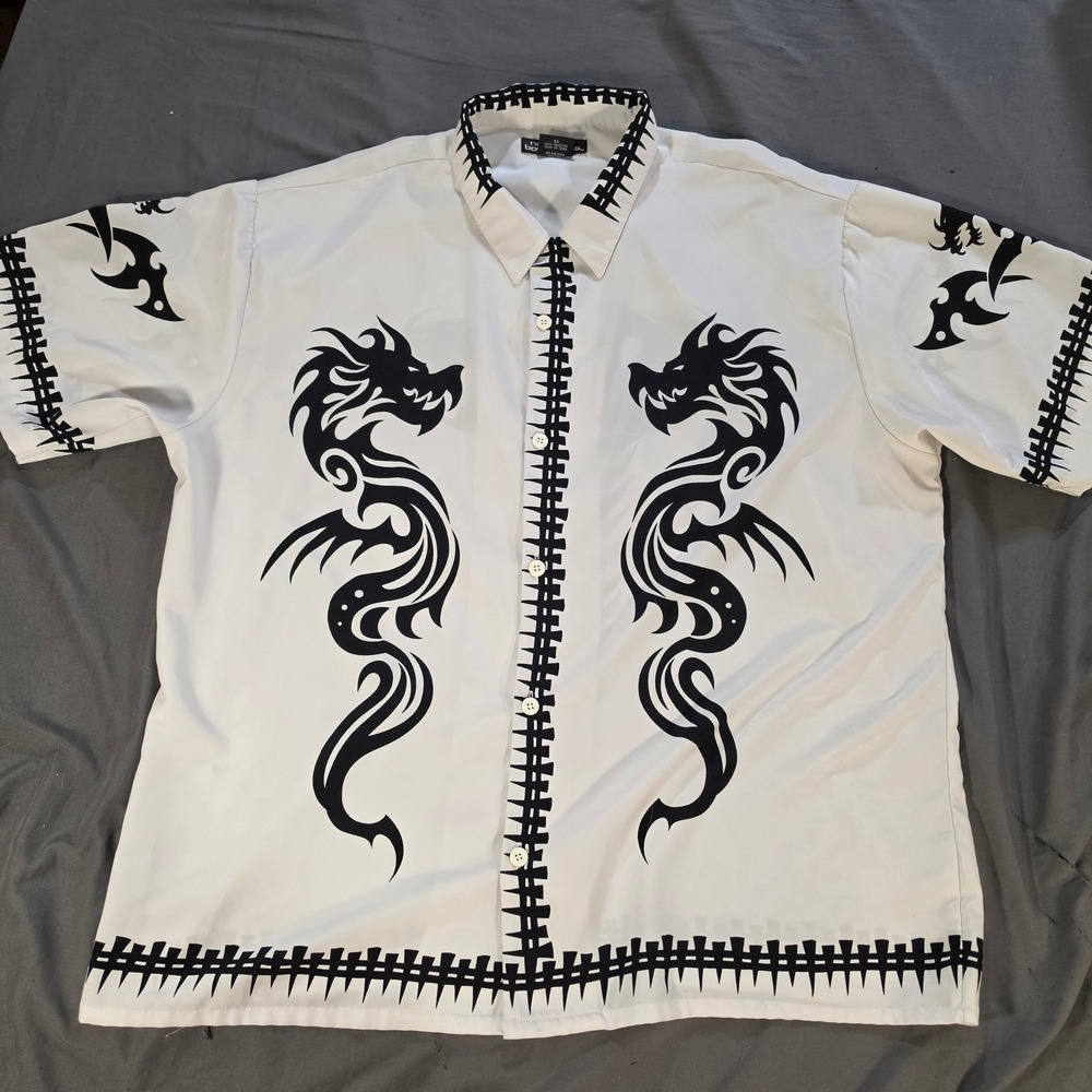 No Boundaries Mens XL White Dragon Tribal Print Button Down Shirt Y2K NB13F027